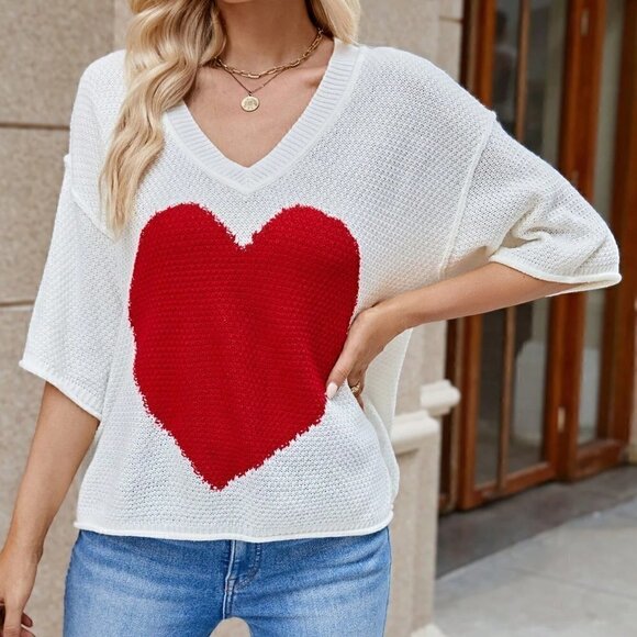 White Preppy Womens Heart Pattern Drop Shoulder Knit Top - Picture 4 of 5